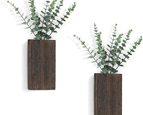 Dahey 2 Pack Wood Wall Planter Vase with Artificial Eucalyptus Farmhouse Wall Hanging Decor Pocket Planter for Indoor Fake Plants Greenery, Living Room Bedroom Kitchen Home Office Decoration