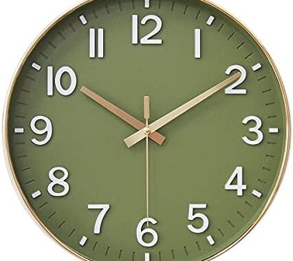 HZDHCLH Wall Clocks Battery Operated,12 inch Silent Non Ticking Modern Wall Clock for Living Room Bedroom Kitchen Office Classroom Decor (Olive Green and Gold)