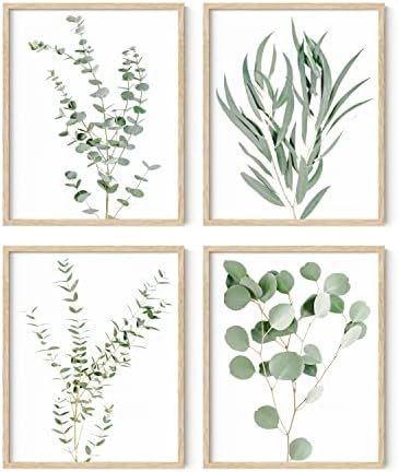 HAUS AND HUES Botanical Plant Wall Art Prints – Set of 4 Plant Wall Decor Prints, Floral Kitchen, Flower Leaves Wall Art, Boho Leaf Eucalyptus Wall Decor, Green Botanical Poster (Beige Frame, 8×10)