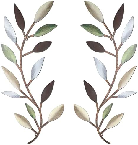 Zhengmy 2 Pieces Metal Tree Leaf Wall Decor Vine Olive Branch Leaf Wall Art Wrought Iron Scroll Above The Bed, Living Room, Outdoor Decoration (Colorful)