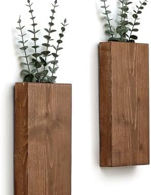 Wood Wall Planter Set of 2, Wood Wall Pocket for Greenery and Dried Flowers, Indoor Wood Hanging Vase, Modern Farmhouse Wall Decor for Eucalyptus Stems Decorations (Walnut)