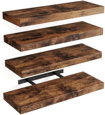 Fixwal 15.8in Floating Shelves, Rustic Wood Finish Wall Shelves Set of 4, Shelves for Wall Decor, with Invisible Brackets for Bathroom, Living Room,Bedroom and Kitchen(Rustic Brown)