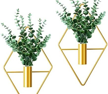 2 Pieces Diamond Shape Hanging Planters with Artificial Aquatic Plants Metal Hanging Vase Indoor Plants Holder Modern Geometric Wall Decor for Home Living Room Office (Gold,Eucalyptus)