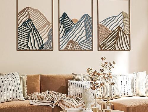 Peryiter 3 Pcs Mountain Metal Wall Art Mountain Line Wall Decor Abstract Minimalist Wall Art Rustic Nature Wall Decor for Home Bathroom Living Room (Vibrant Colors)