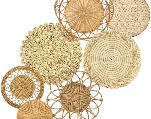 Boho Wall Basket Decor Set of 7 – Indoor & Outdoor Hanging Basket Wall Decor Set, Seagrass Wall Decor, Rattan Wall Decor, Large Woven Basket Wall Decor Set, Wicker Wall Decor Baskets, Woven Wall Decor